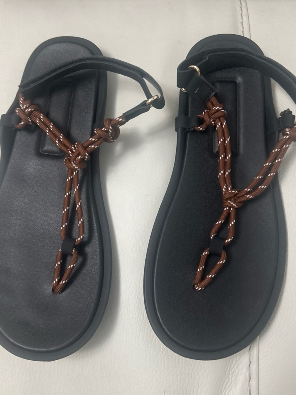 Black Sandals with Brown Rope Straps — Women's Casual Ankle-Strap Sandals
